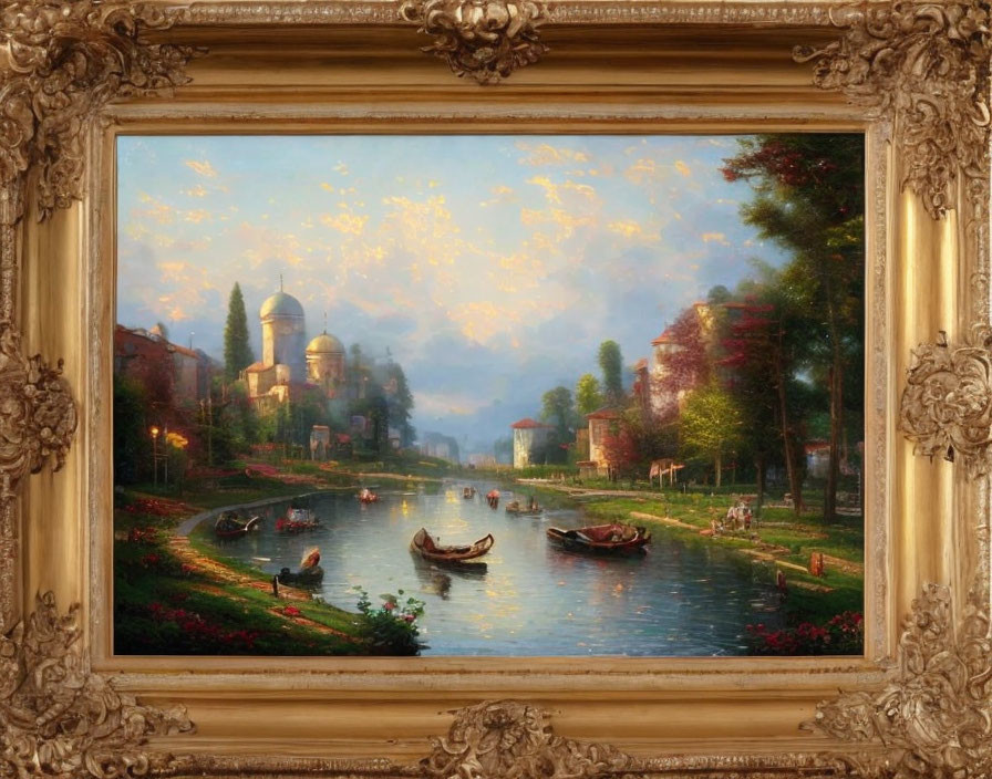 Framed painting of serene river scene with boats and classical architecture