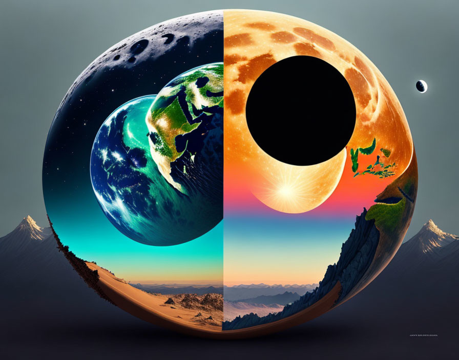 Surreal digital artwork: Two hemispheres, diverse ecosystems, eclipsing sun