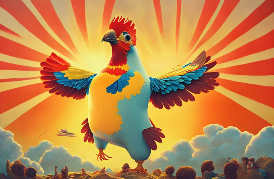 Vibrant illustration of giant bird with crown in sky at sunrise