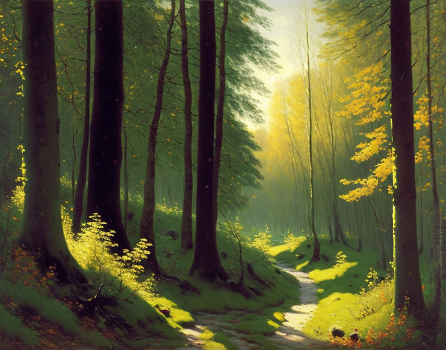 Tranquil Forest Path with Sunlight, Green Shrubs, and Stream