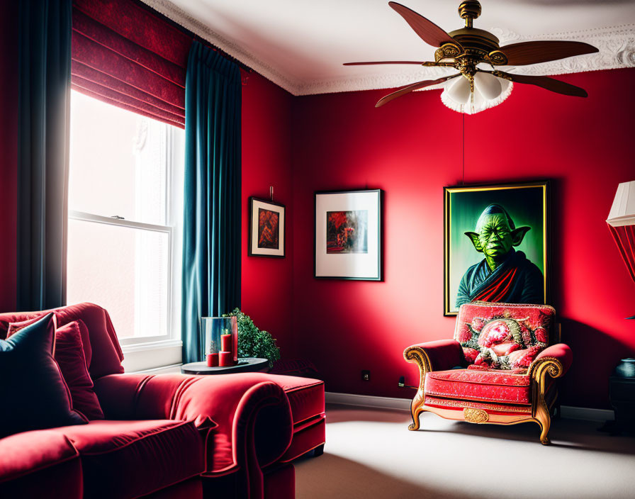 Sophisticated red-themed room with antique furniture and unique decor pieces.