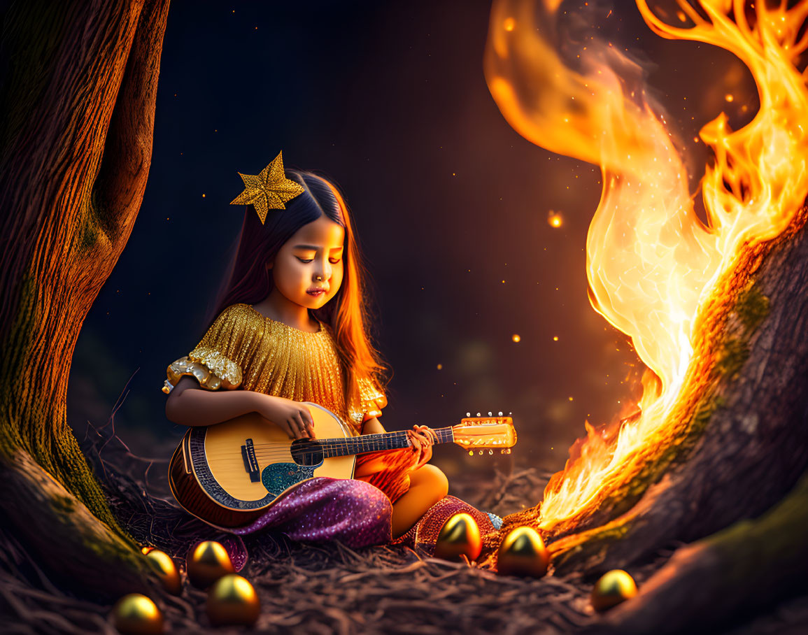 Young girl with star headpiece plays guitar by campfire in mystical setting