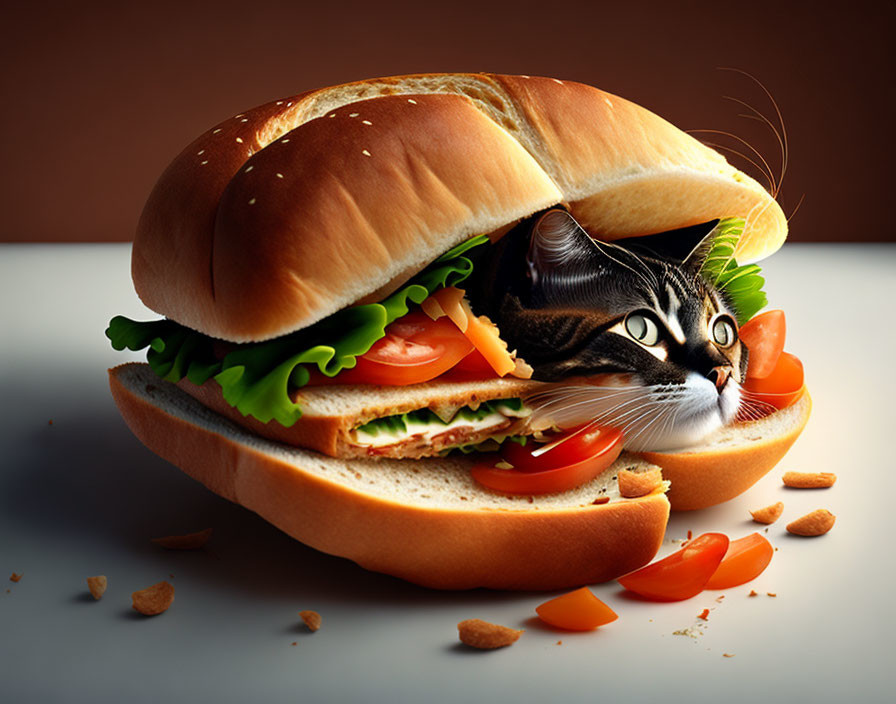 Cat nestled in sandwich with lettuce, tomatoes, and cheese on neutral background