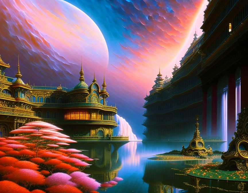 Fantasy palace by waterfall under alien sky with giant planet and pink flora.