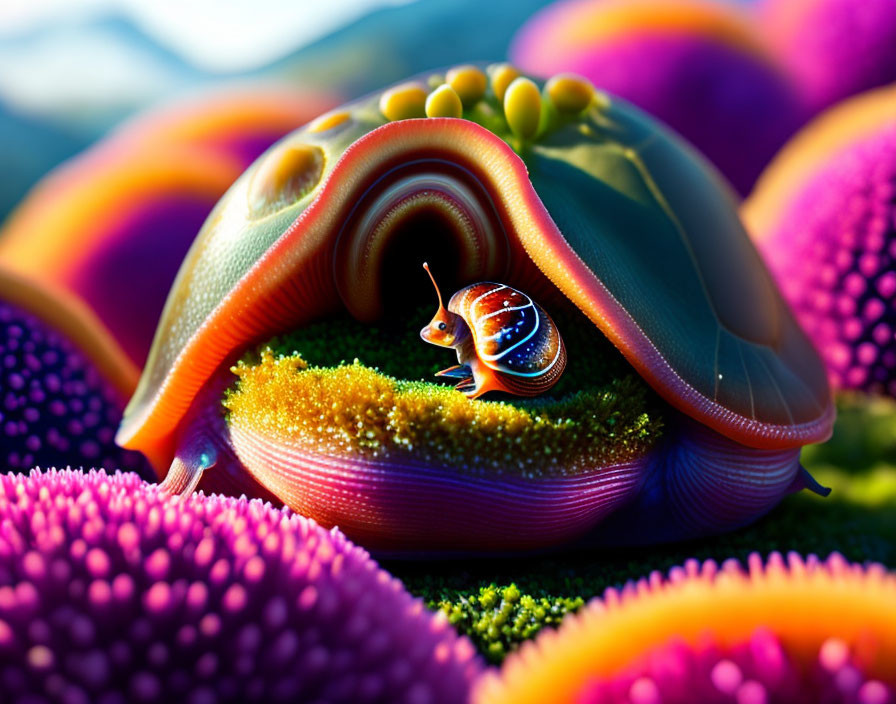 Colorful Surreal Environment with Vibrant Snail on Leaf