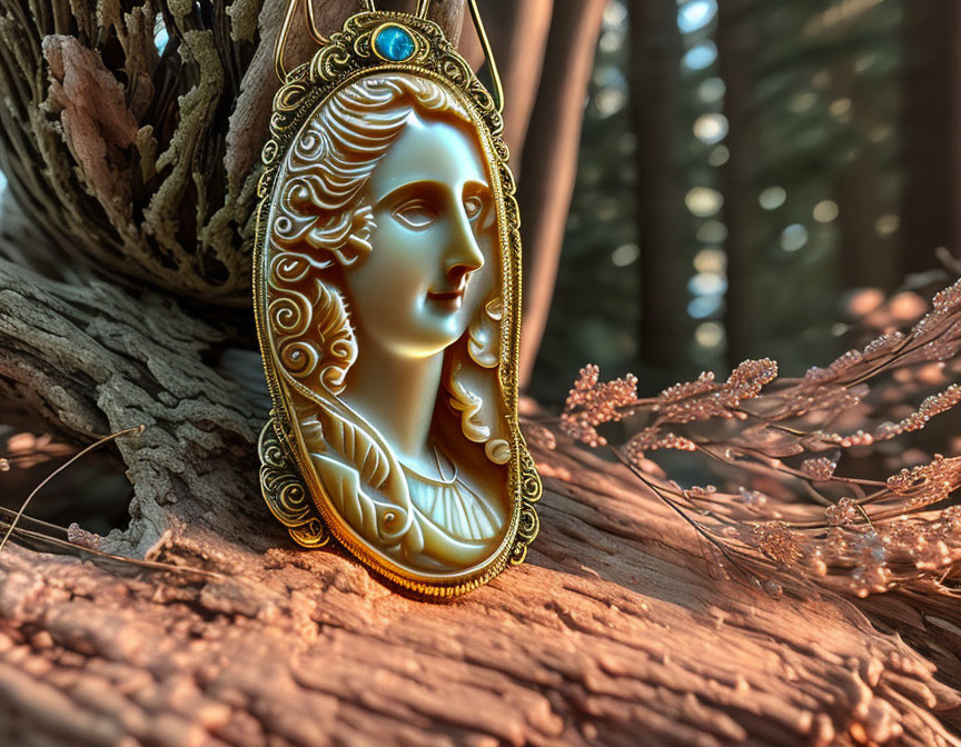 Antique Cameo Pendant with Woman Profile Relief in Gold on Wood amid Backlit Foliage