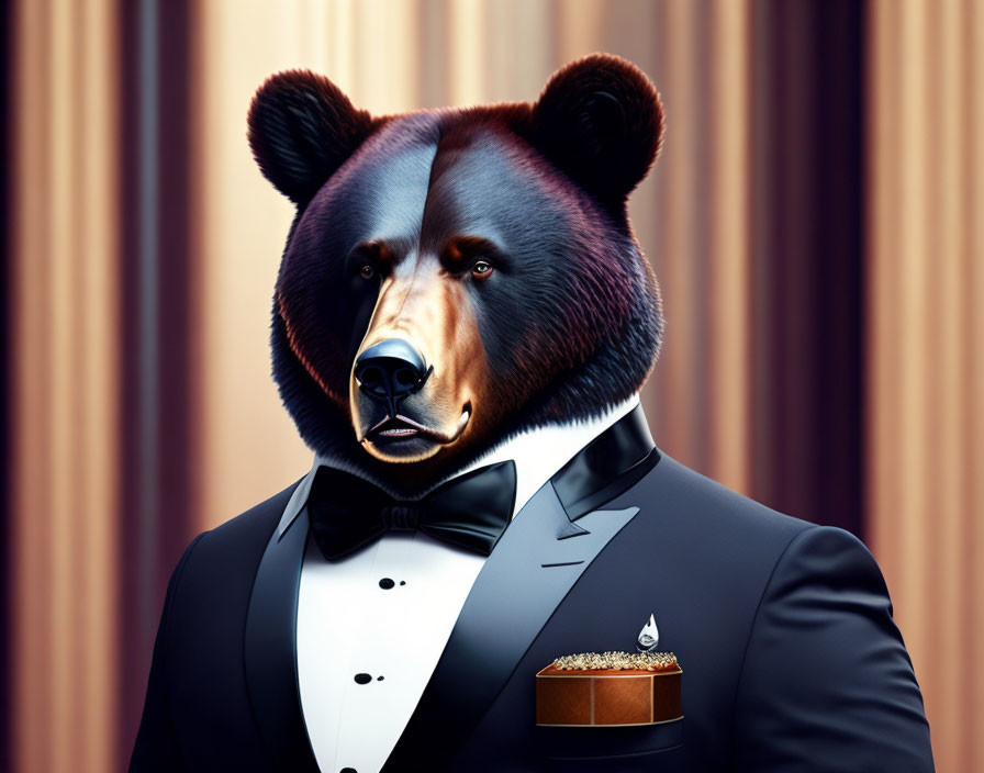 Surreal bear-human hybrid in tuxedo against curtain