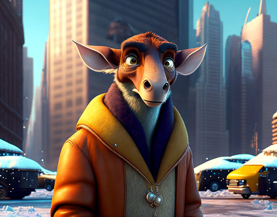 Animated antelope character in jacket on city street with taxis & skyscrapers