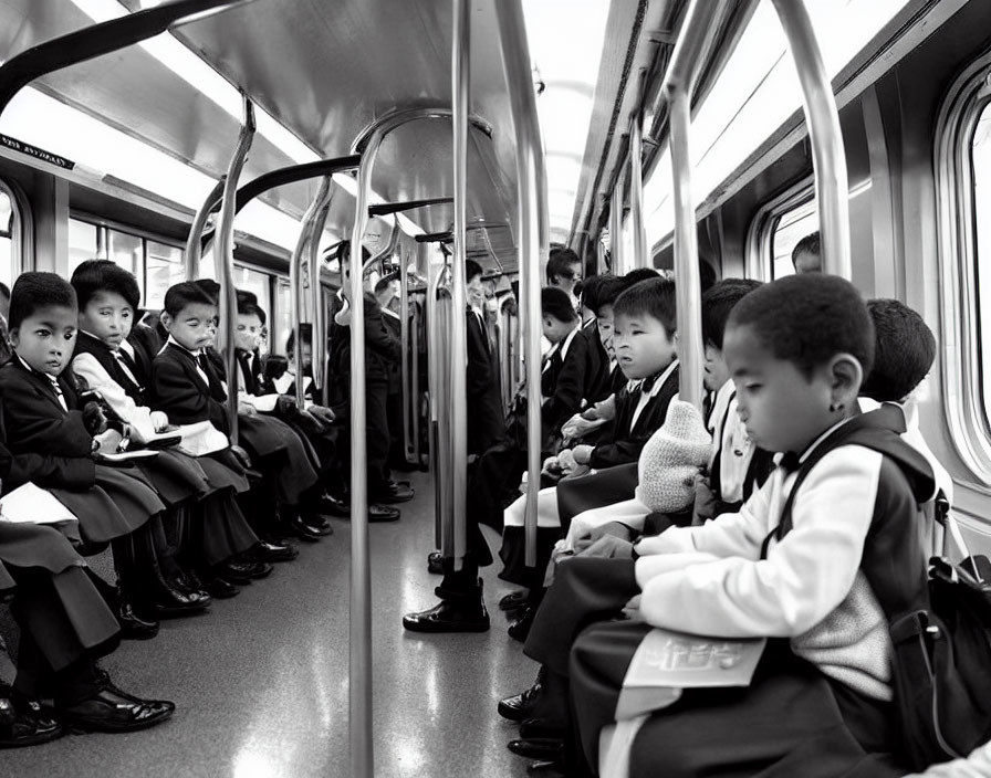 Schoolchildren in uniform inside subway car, black and white photo