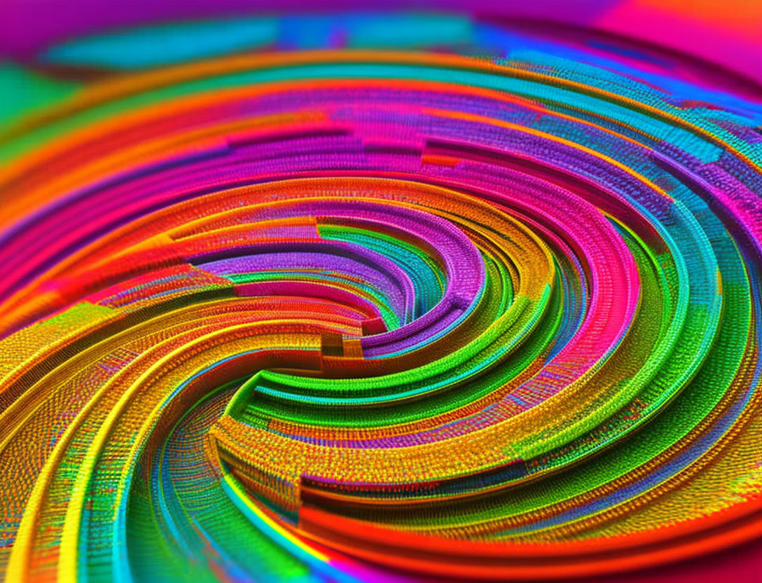 Colorful Spiral Pattern with Textured Circles in Rainbow Hues