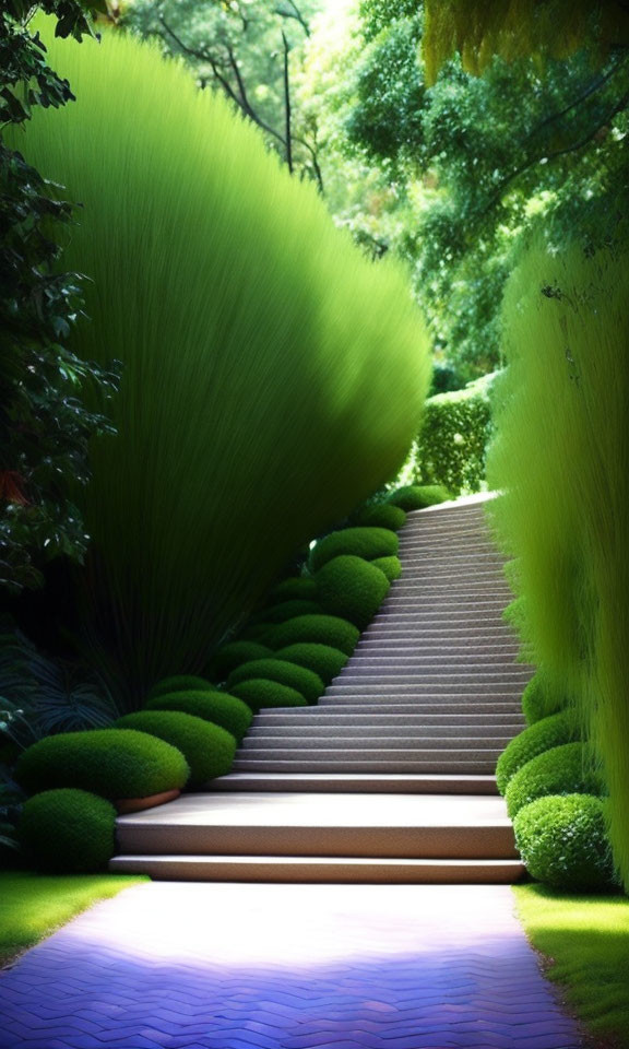 Tranquil garden pathway with lush green topiary and dreamlike motion blur effects