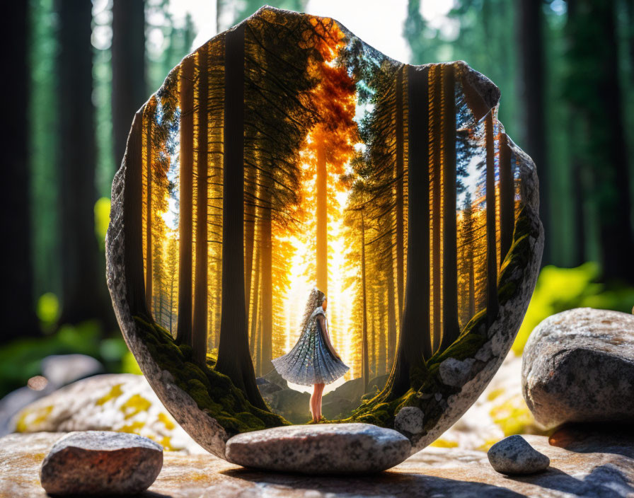 Person standing in forest sunlight reflection on broken mirror.