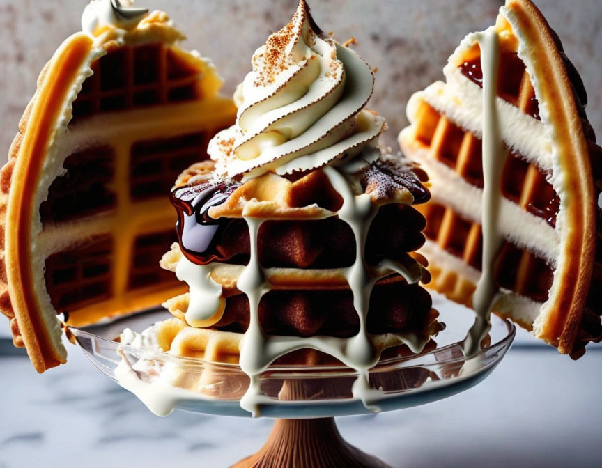 Creamy chocolate waffles with powder on wooden stand