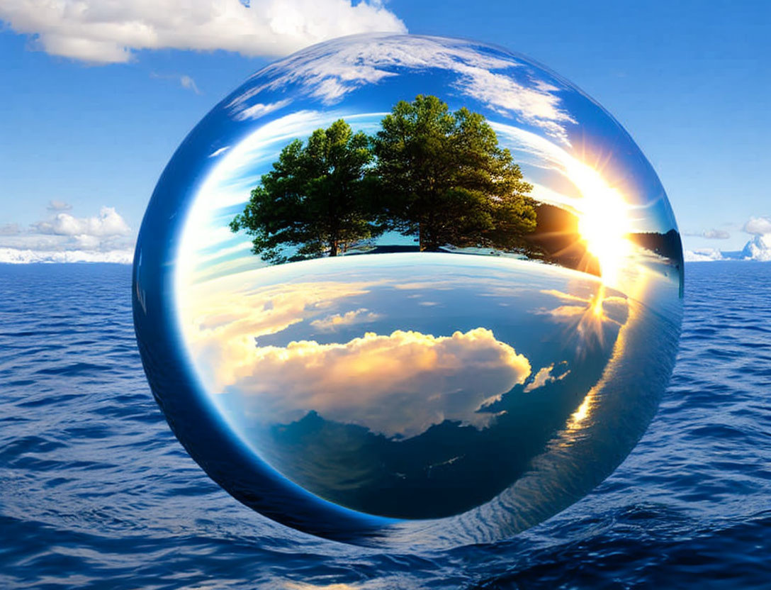 Crystal ball reflecting inverted landscape with trees, clouds, sunset, and seascape.