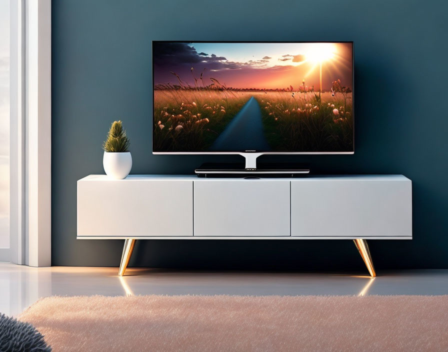 Spacious living room with large TV and nature scene on white entertainment unit