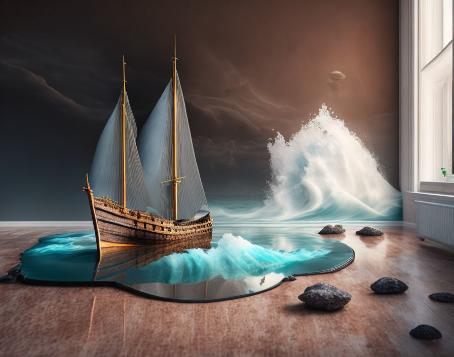 Surreal wooden ship sailing on spilled sea in room with dark clouds