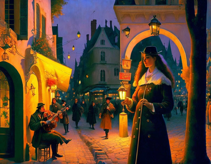 Person in coat and hat on lively cobblestone street at dusk with street musicians, pedestrians, warm