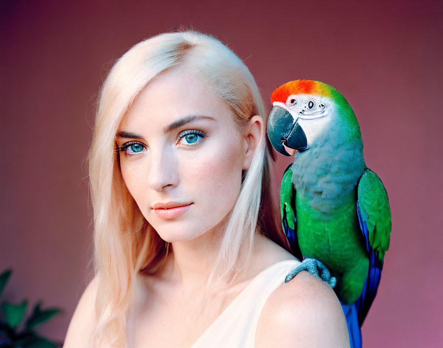 Blonde Woman with Blue Eyes and Parrot on Shoulder