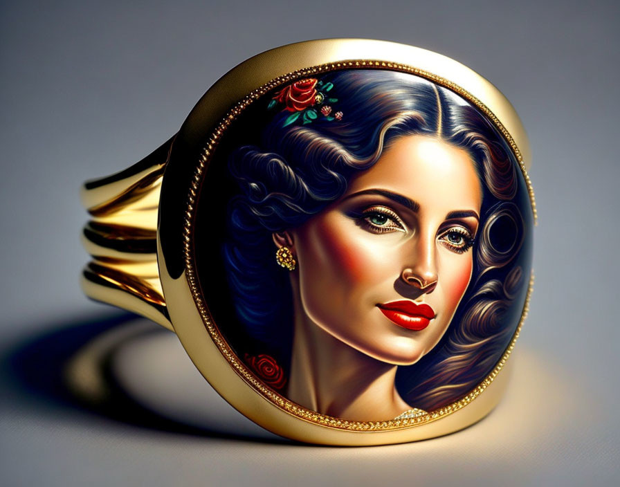 Golden ring with painted portrait of woman with styled hair and flowers