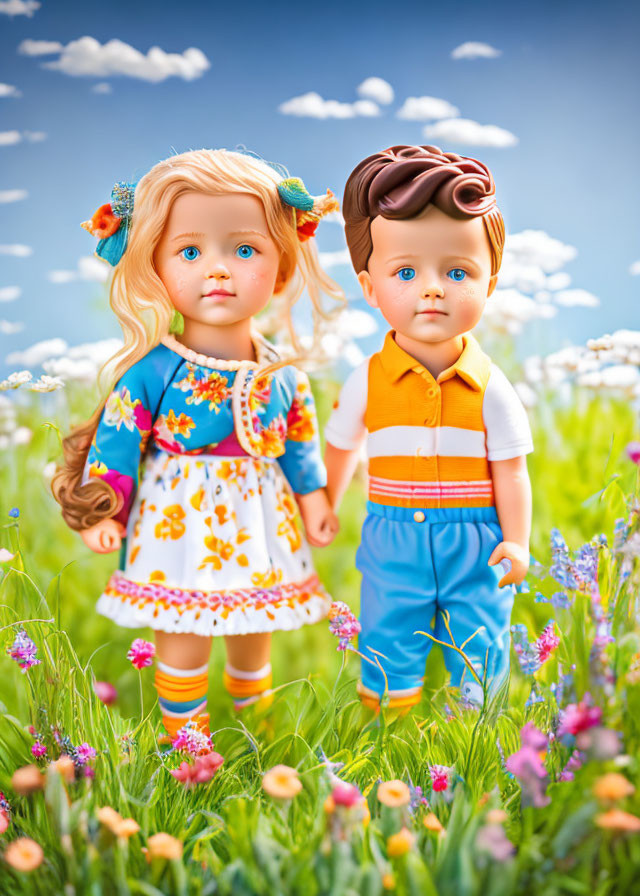 Blonde and brown-haired dolls in flower field scenery