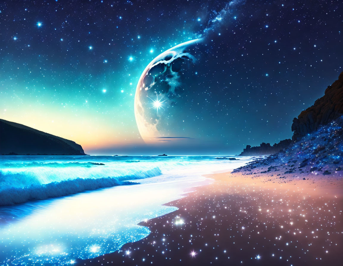 Digital artwork: Starry night sky, celestial body, beach with glowing sand