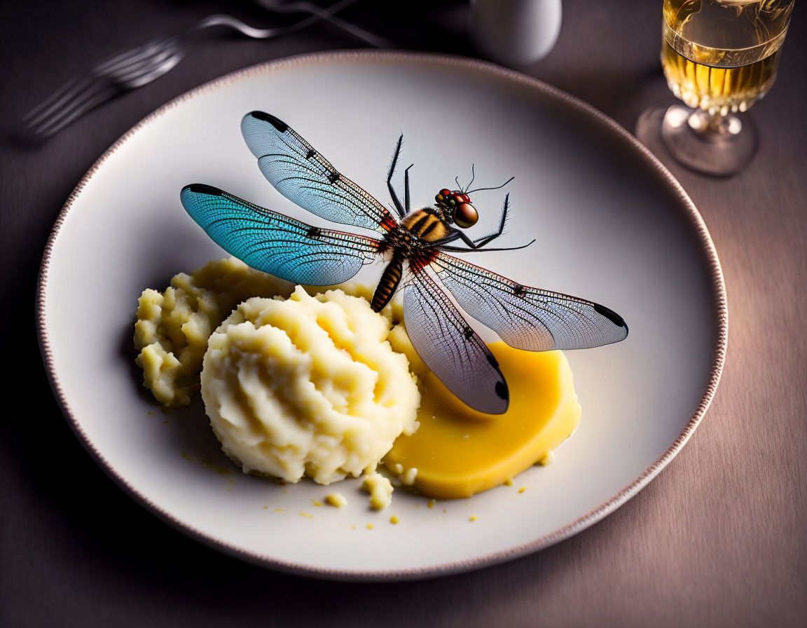 Realistic dragonfly model on mashed potatoes with gravy and amber drink