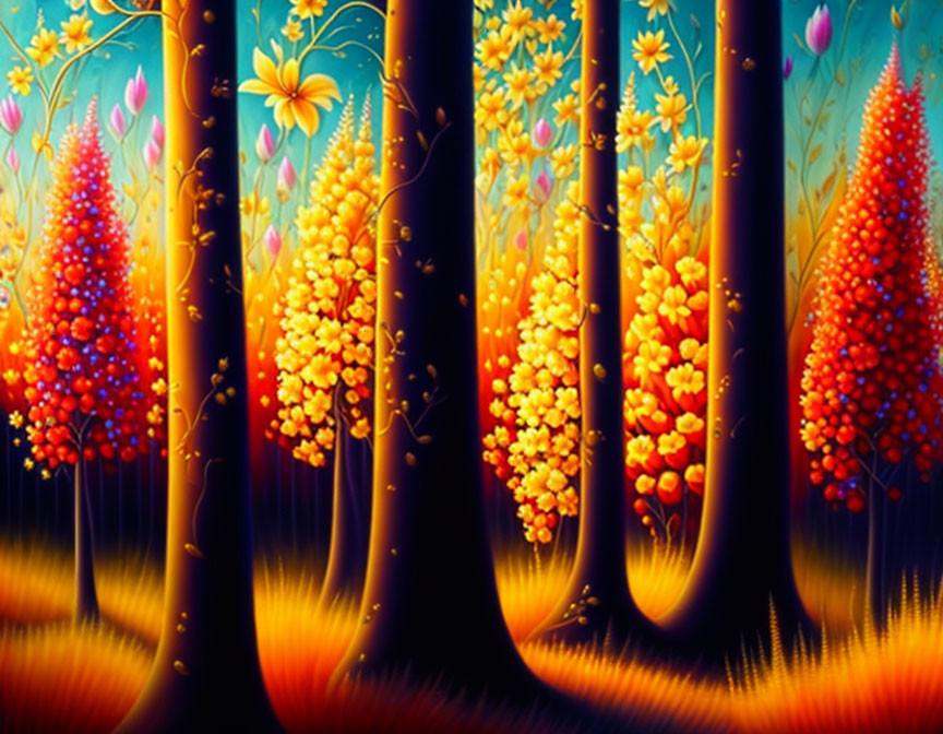 Colorful Forest Scene with Stylized Trees and Bright Flowers