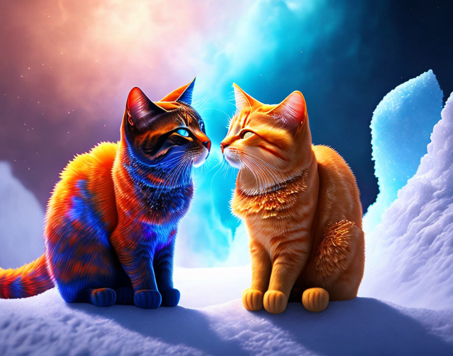 Vibrantly colored fantastical cats on snowy ground with cosmic sky