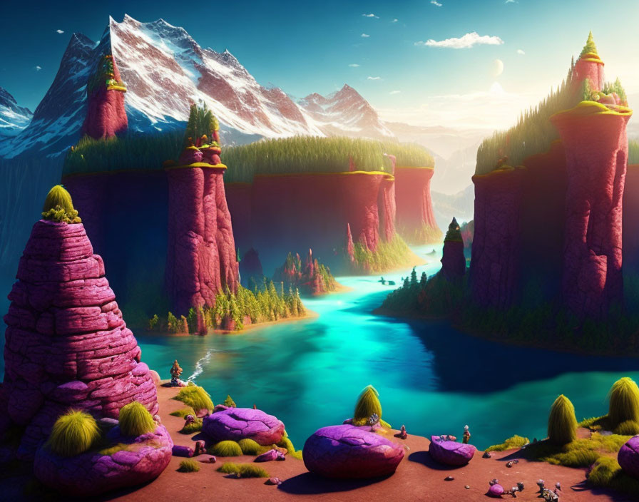 Vibrant fantasy landscape: towering pink cliffs, lush greenery, turquoise river, whimsical hair