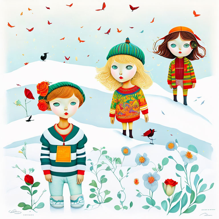 Colorful Stylized Children in Snowy Landscape with Birds and Flowers