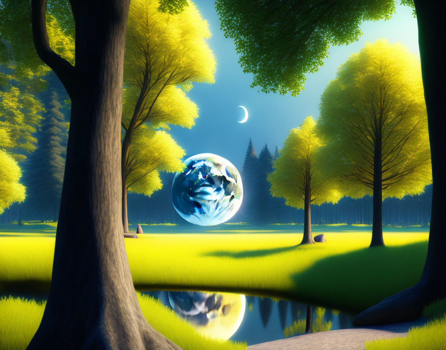 Surreal landscape: oversized moon, crescent shape, glowing forest, reflective water