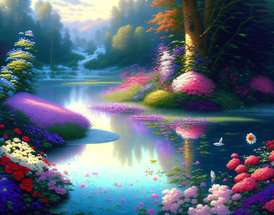 Vibrant river and lush flora in serene fantasy landscape