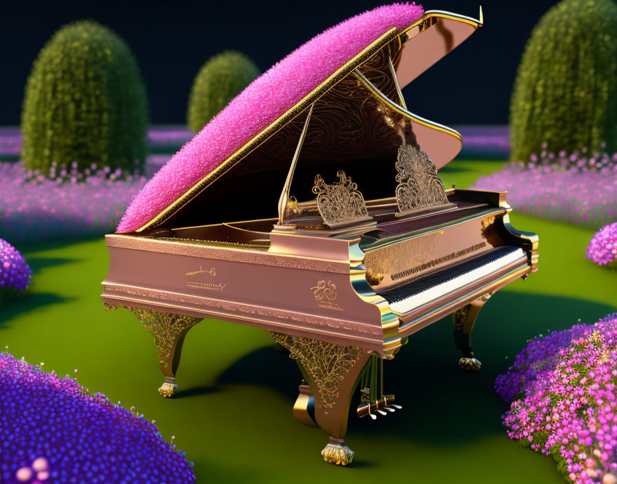 Luxurious Pink Grand Piano with Gold Detailing in Surreal Garden