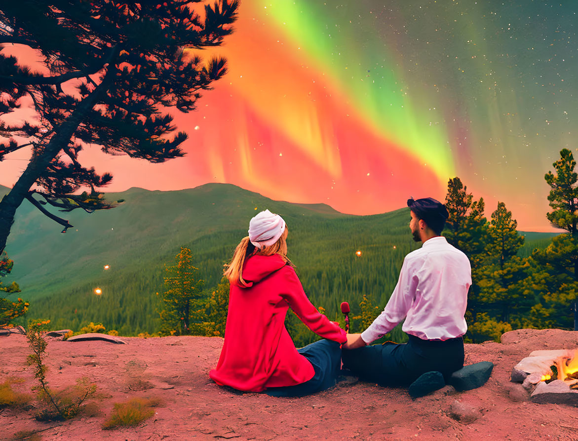 Vibrant aurora over two people in mountain forest with campfire