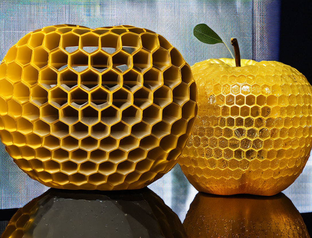 Digital art: Honeycomb structure and apple with honeycomb texture