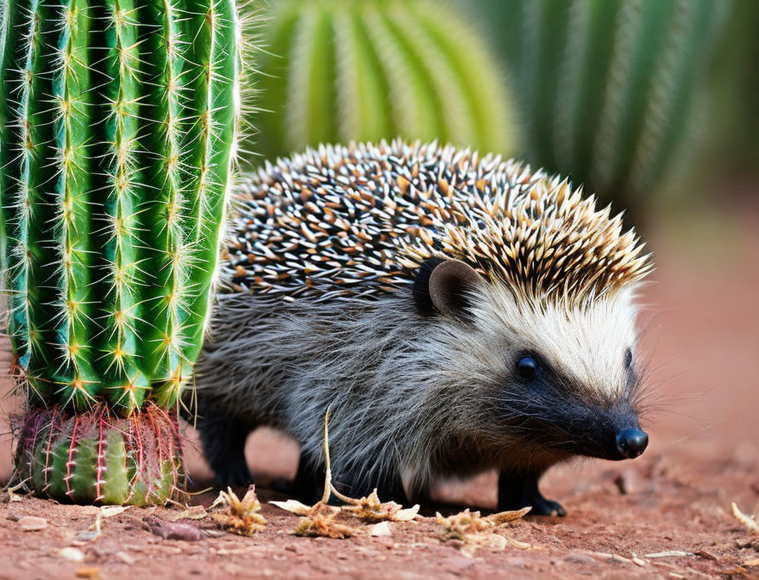 Brown and White Spined Hedgehog Next to Green Cactus