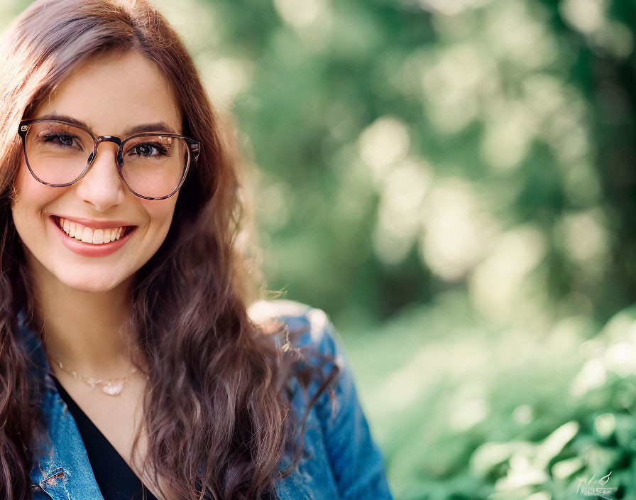 Smiling woman with wavy hair and glasses in denim jacket outdoors