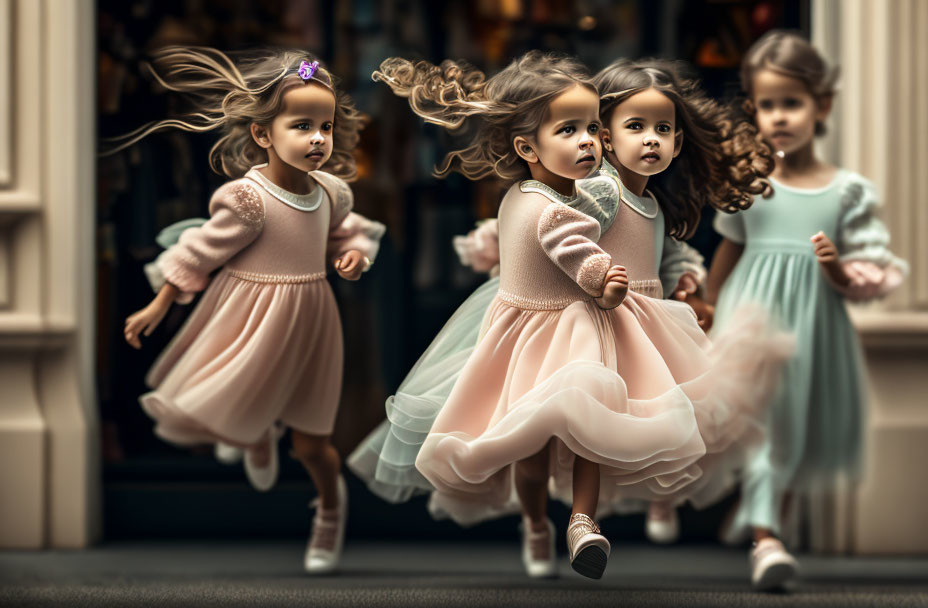 Four Girls Running in Flowing Dresses on Sidewalk