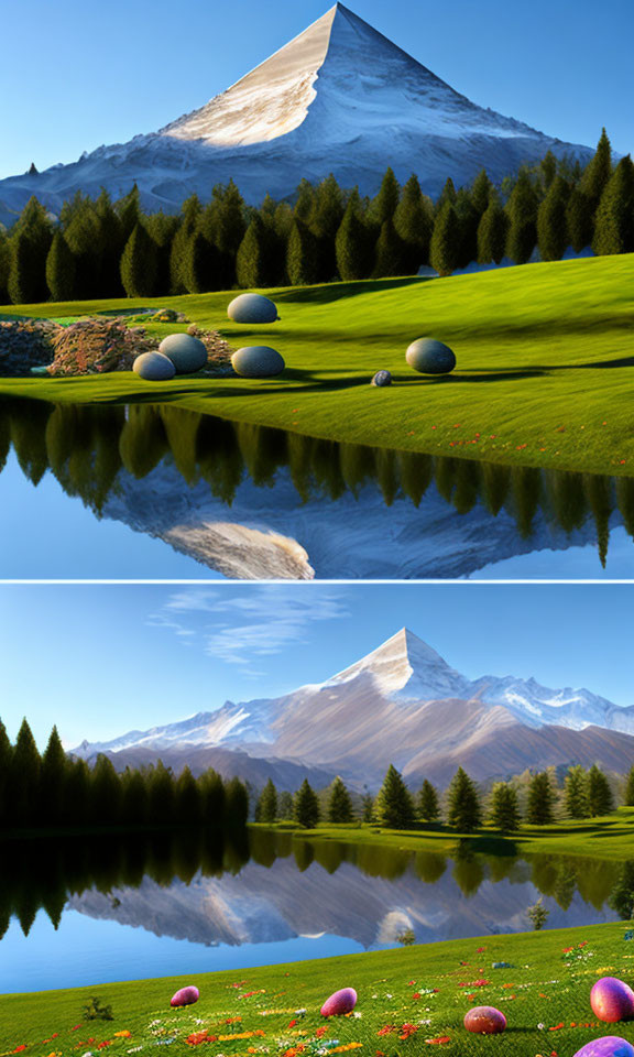 Snow-capped mountain reflected in lake with Easter eggs on green field