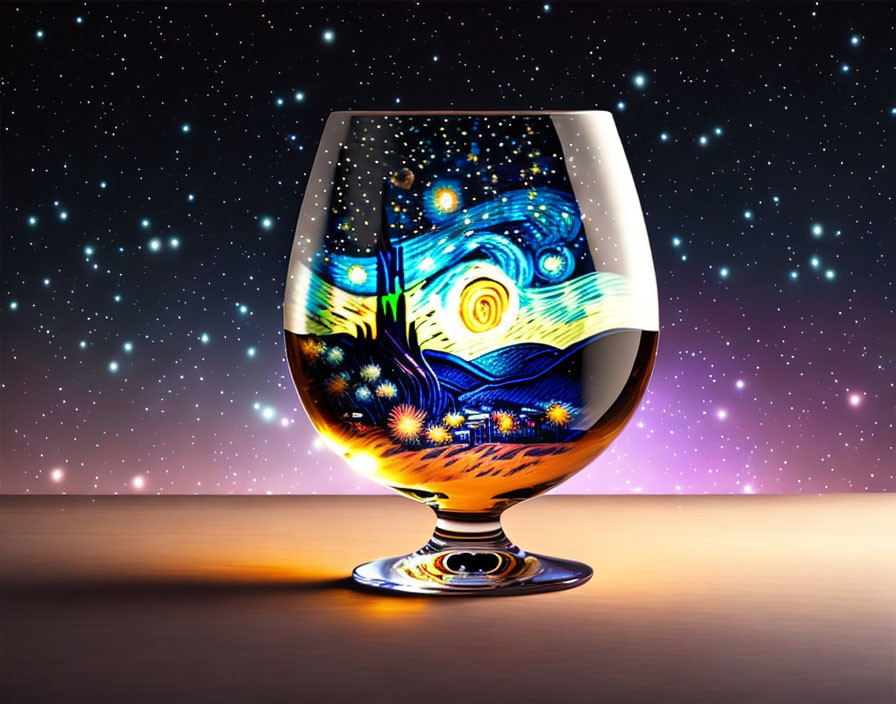 Cognac glass reflects "Starry Night" painting in starlit twilight