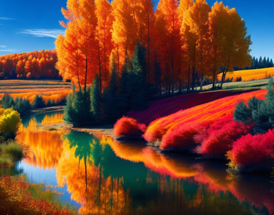 Fiery Shades of Orange, Yellow, and Red Trees Reflecting in Lake