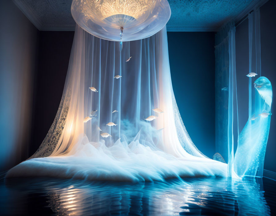 Canopy bed with floating paper fish and blue ambient lighting