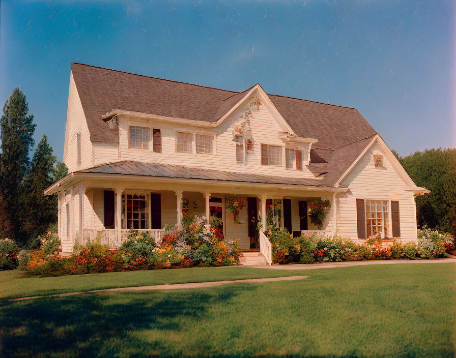 Traditional two-story house with wrap-around porch in landscaped yard under blue sky