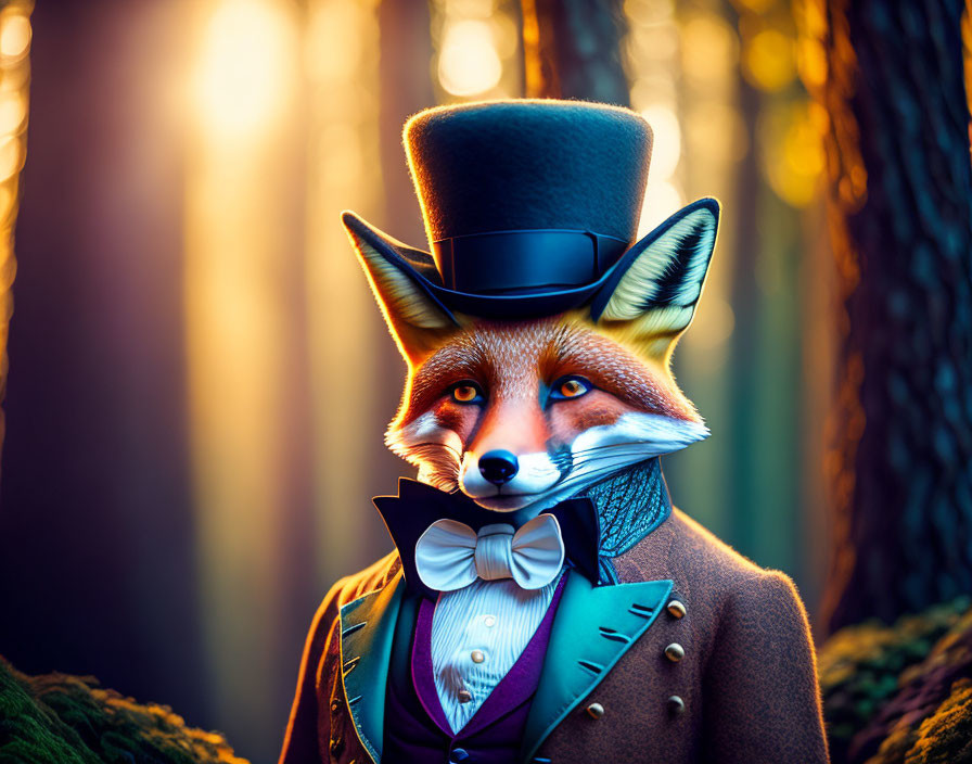 Dapper fox in top hat and suit in sunlit forest