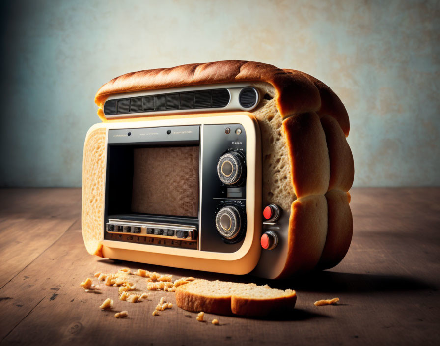 Vintage toaster with bread slice design and scattered crumbs