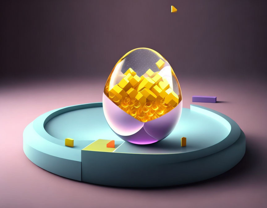 Glass Egg with Gold Cubes on Geometric Stand in Soft-lit Studio