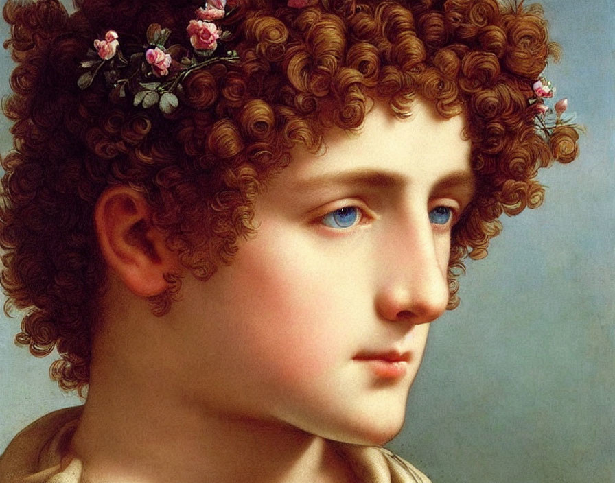 Portrait of individual with curly hair, flowers, fair skin, blue eyes