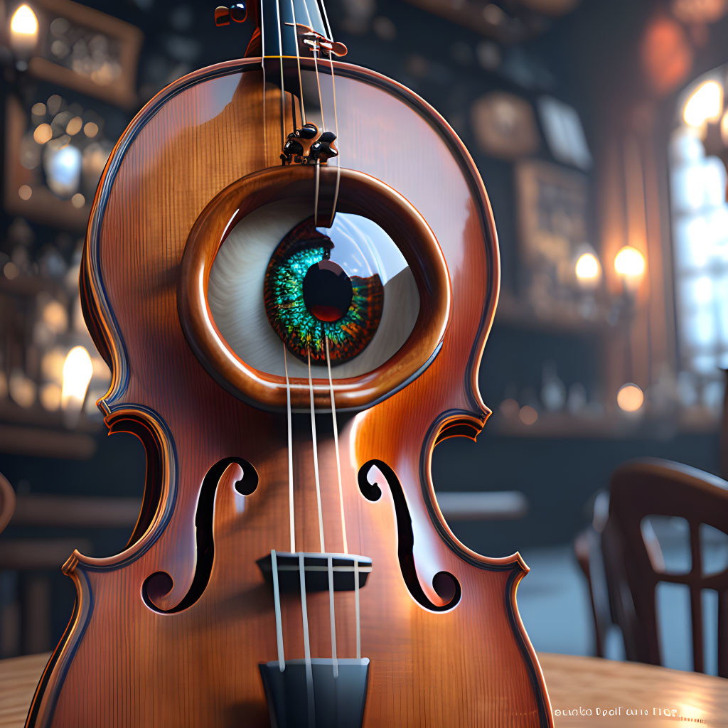 Surreal violin illustration with human eye soundhole in cozy cafe setting