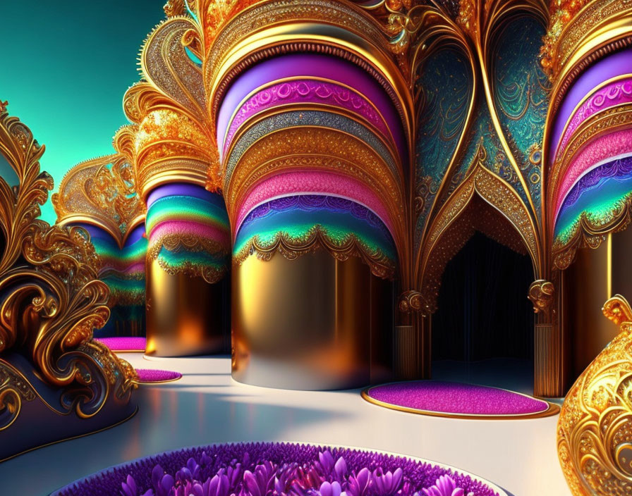 Ornate golden arches in a fantastical chamber with iridescent colors