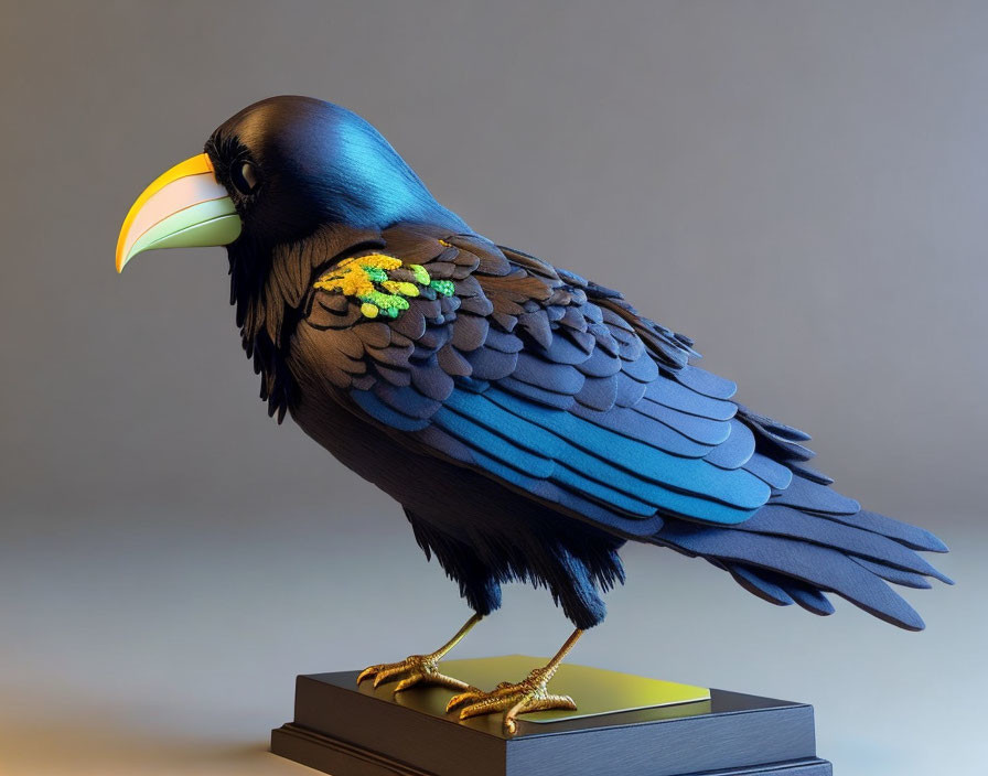 Colorful Raven Model with Blue Gradient Feathers and Yellow Beak on Black Pedestal